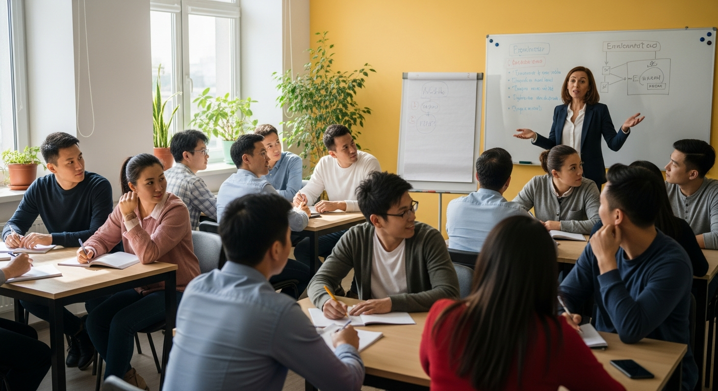 Muncitori asiatici la curs de limbă română în România — Cursuri aliniate OUG 32/2026